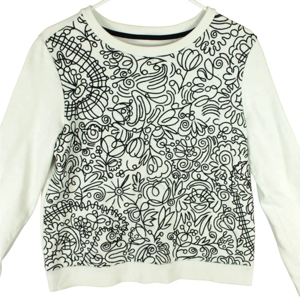 Tory Burch Women Sweatshirt White Black Doodle Flower Print Embroidered Sz S